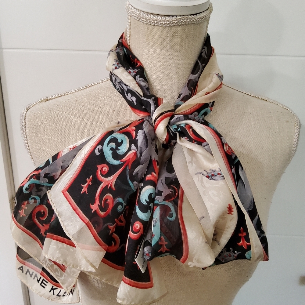Anne Klein Vintage Silk Black and Cream Baroque Scarf